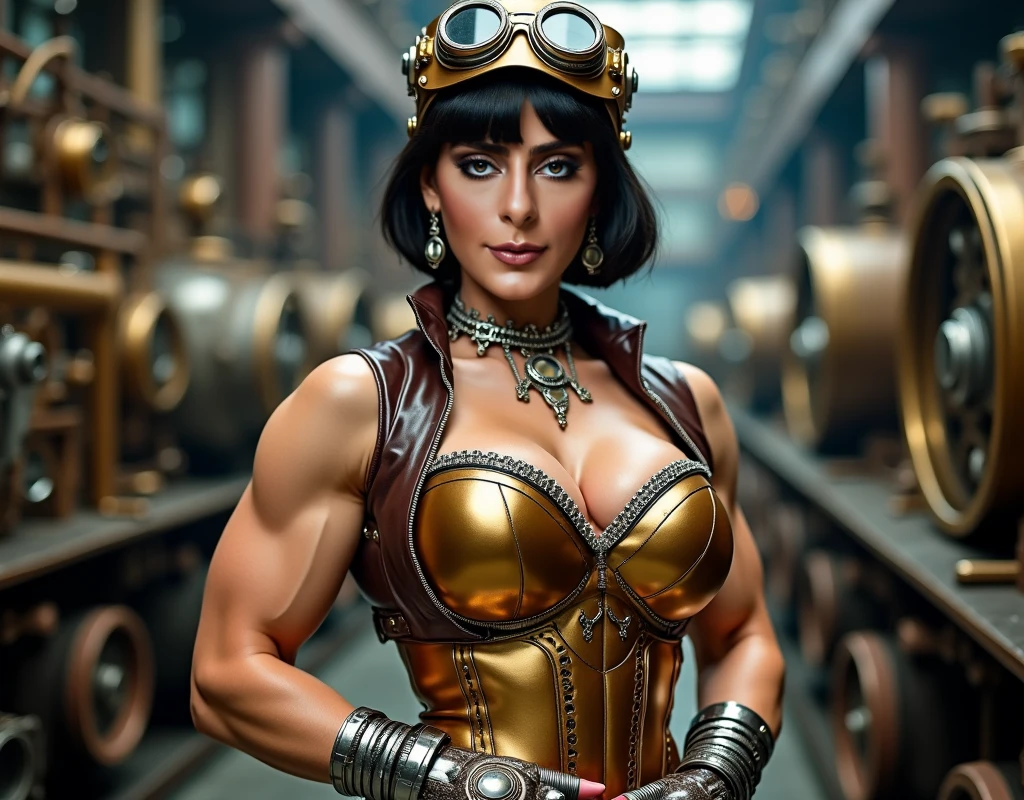 (masterpiece:1.3), (disorganized:1.3), (highest quality:1.3),(perfect anatomy:1.5),perfect finger,(detailed face), solo,1 middle age woman around 55 years old,Army officer,(Steam Punk), (Victorian era),Old Hong kong,(Kowloon area),horizontal angle,((looking at viewer:1.3)), (Super detailed:1.3),(best shadow:0.7),(small breasts),((slicked back short hair:1.1)),(treated hair),fine eyes, beautiful eyes, 1 mature woman, ((saggy small breasts)),((muscular)),dark skin,alone, standing, crystal earrings,closed_mouth, arm_behind_return,beige latex dress,rest outdoors, intimidating pose,cowboy shot