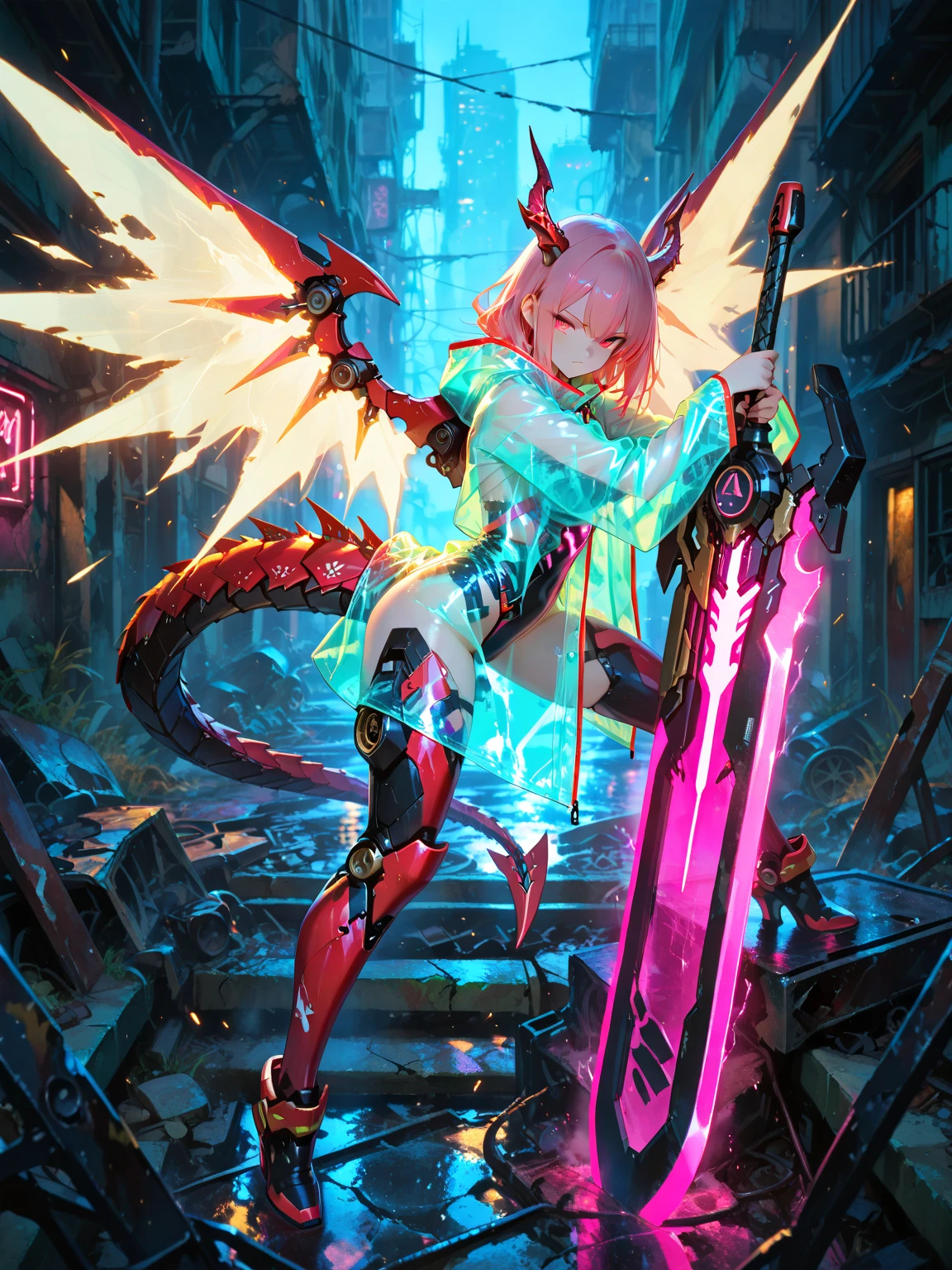 masterpiece, best quality, very aesthetic, absurdres,,full body, 1girl, neon lights, see-through holographic clothing, see-through raincoat, dragon horns, mechanical tail, mecha musume, tsurime, holding greatsword, huge weapon, draconic wings,energy wings, pose, glowing, dark,night,post-apocalyptic ruins,cityscape,dynamic pose, dynamic action 