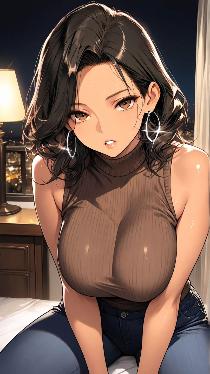 realistic, woman, turtleneck sweater wearing, garter belt wearing, sexy pose, smiling face
