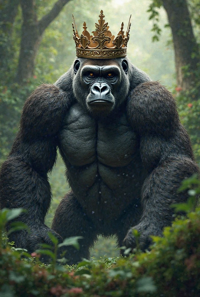 Anthill with king kong on top beating in the chest, with abstract shape in layers of grasses and stones with ants around it