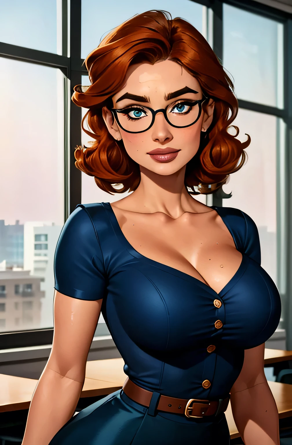 20 years old woman, Short brown hair, Mediterranean with blue eyes, Generous and heavy breasts, slender waist, estomac defini, fesses rebondies et pulpeuses, naturally curved, muscular thighs, aguicheuse, , in long skirt and blouse, lunettes, queue de cheval, neckleace, earrings, plunging neckline, Selfie, flirtant avec un homme