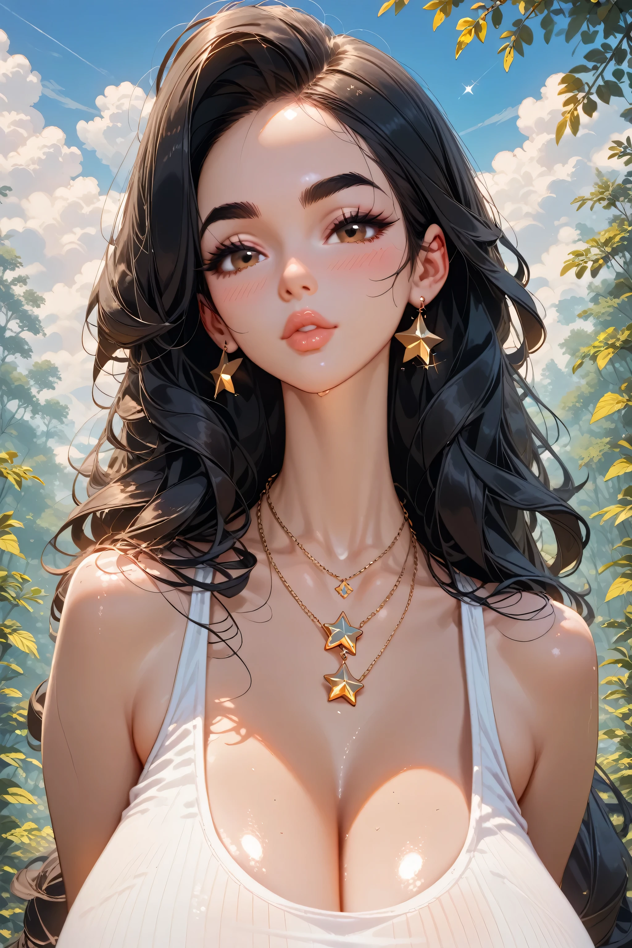 perfect face, face, long hair, black hair, (bandhead), (white bandhead), black eyebrows, thick eyebrows, brown eyes, black eyeliners, blush, nose, thick lips, beautiful woman, necklace star, huge breasts, tank top, white tank top, forest, cloud sky