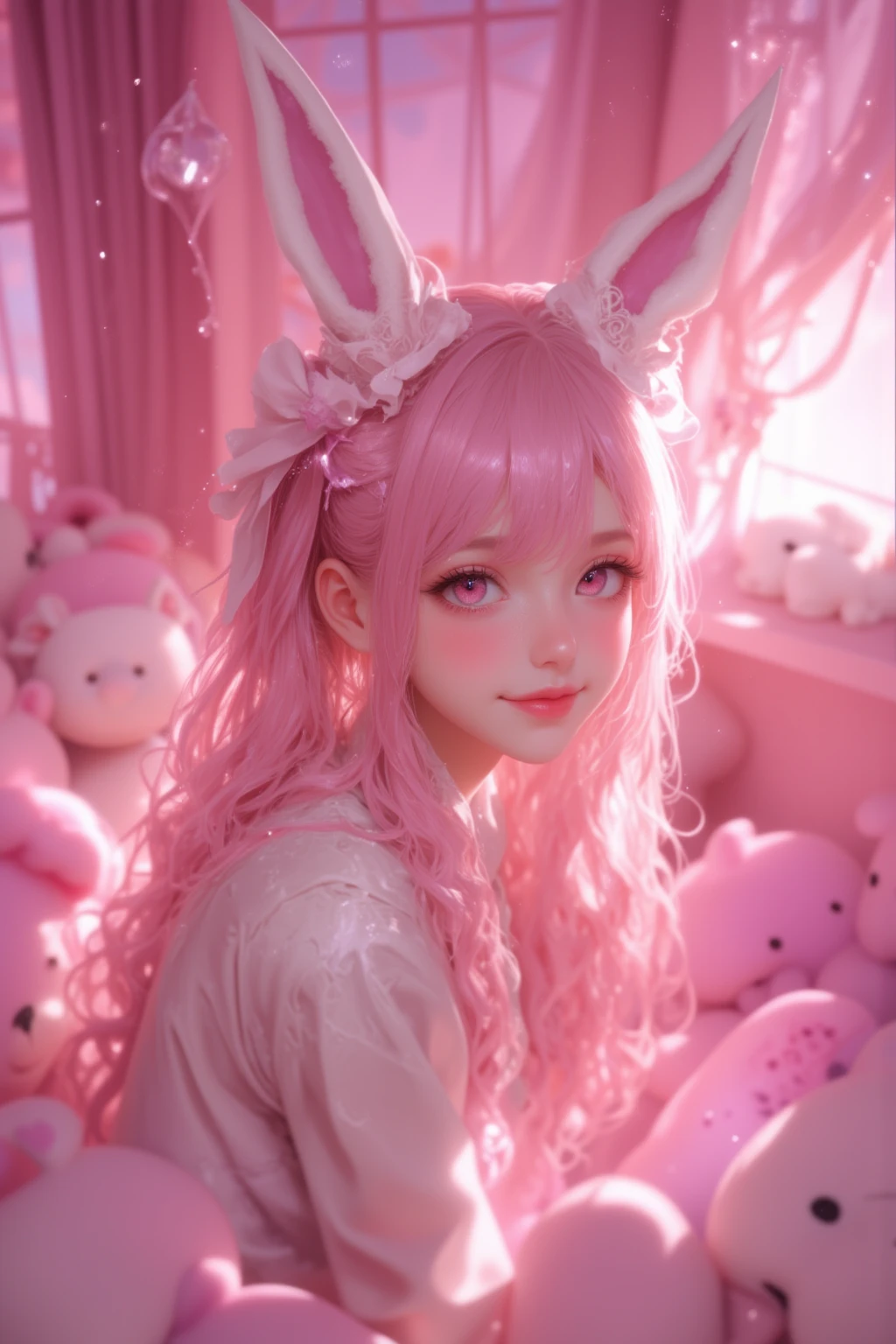 (NSFW:1.5), ((masterpiece)), ((highest quality)), Araffe with pink hair and bunny ears sitting on a bed, angelablanca, beautiful dolphin, anime barbie in white stockings, sweet ultra-realistic bunny, very very kawaii, japanese goddess, the bunny has pink fur, soft and pink skin, with rabbit ears, Ahegao, sitting on her bed, backlit, Perfect white hair girl, amaranth