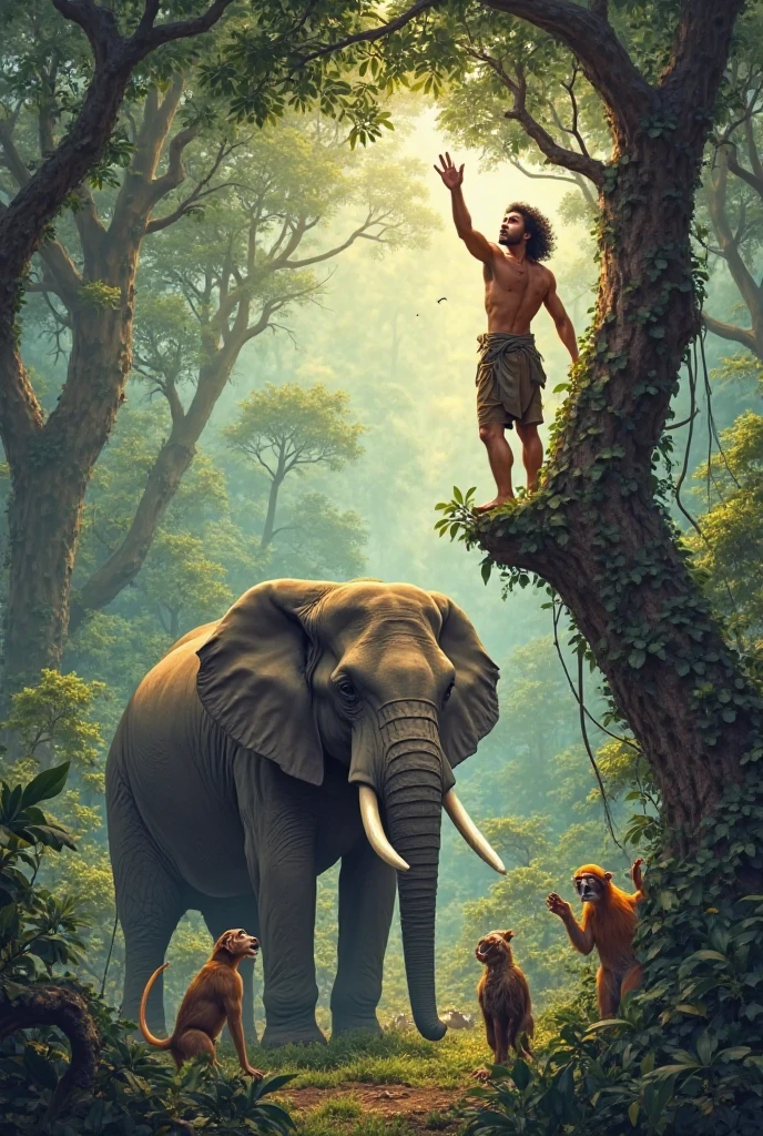 a banana tree in a corner of a lake , one elephant trying to jerk the tree , in a branch a men is hanging by hand , benith is water and snakes , 1 white and one black mouse trying to cut the branch , above the mens one branch have honeycolony and honey is droping in mens mouth , a side bhgwan vishnu on thier garudh vahan trying to save men. summary is men can drop and get death below elepha t and mouses trying to drop him ,snacks also ready to kill him , he is also focusing on eating honey , but god want to help but he s not aware