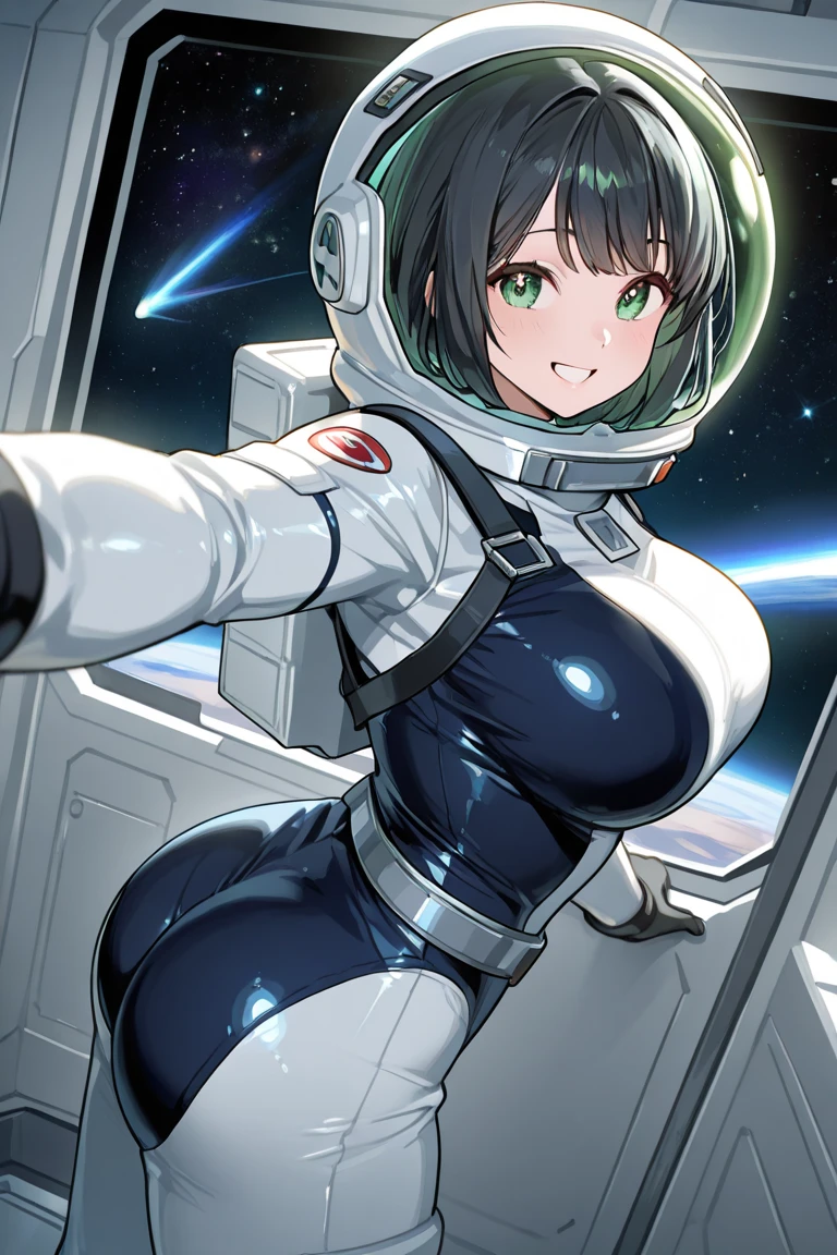 one girls , side view , Young girl , naked butt ,Short Hair Hair , Bob haircut , black hair , girl in a spacesuit , full length ,White spacesuit, High Quality , Dark tones , anime girl