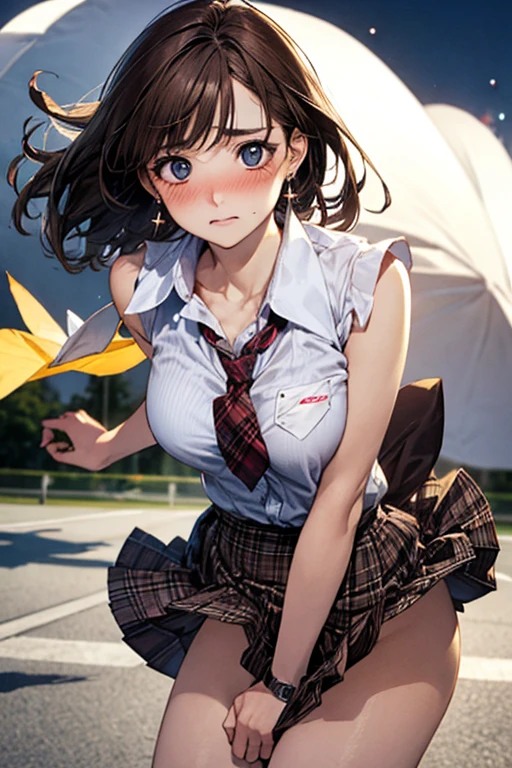 masterpiece, (realistic, photo realistic:1.2), ((highest quality), extremely fine and beautiful, beautiful face details, real human skin, realistic, photorealistic, 1girls, small girl, chibi, smile on face, cow-boy shot, Magical girl, Tiny breasts, emphasis A-cup, White shirt, White underwear, (wind, wind lift, Skirt lifted by the wind, skirt rolled up by the wind, Skirt flutters:1.5), (Fully exposed panties:1.5), (white panties:1.5), (standing a:1.7),