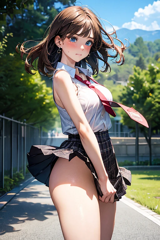 ((highest quality, High resolution, Perfect Pixel, 4K))), 1 female, Beautiful woman、I could see the whole body、(School Boys Tray:1.3)、 ((Twin tails, bangs, Brown Hair)), ((Brown eyes, Beautiful eyelashes, Realistic eyes)), ((Detailed face, blush:1.2))、((Smooth texture:0.75, Realistic texture:0.65, Realistic:1.1, Anime CG Style)), Beautiful Anime Women, Beautiful art style, Anime characters,Beautiful and big breasts, Perfect body, Slender body, Beautiful thighs, ((Navy Blue Blazer:1.2), White shirt, Checked Skirt, Red ribbon at neck), Embarrassed smile、Kneel with your knees closed、(Skirt flip:1.2), ((Stylish pink satin side-tie panties with lavish embellishments:1.3), (Pink base with white lace panties)), Diagonal side angle, Dynamic Angle, Sexy pose、Perfect Anatomy, Exact number of arms, Exact number of hands