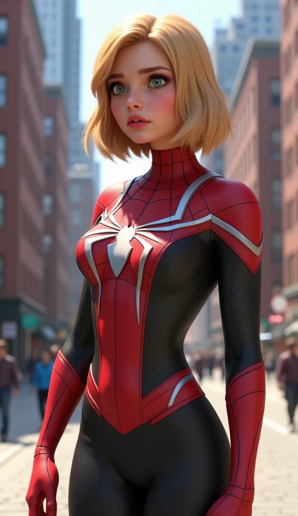 Spiderman、woman、22 years old、woman体型、Large Breasts、Blonde、Mechanical Suit、Upper Body