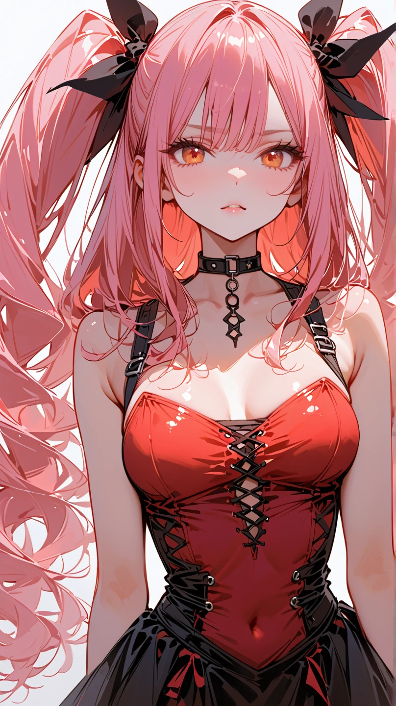 Cool women、sexy、Center of chest、Rize from Chainsaw Man、beauty、Yandere、、Face close-up、Chest tattoo、Red lace、necklace、(look up)、(Pink Hair)、(Angle from the buttocks).(alone)、(black lace mask).