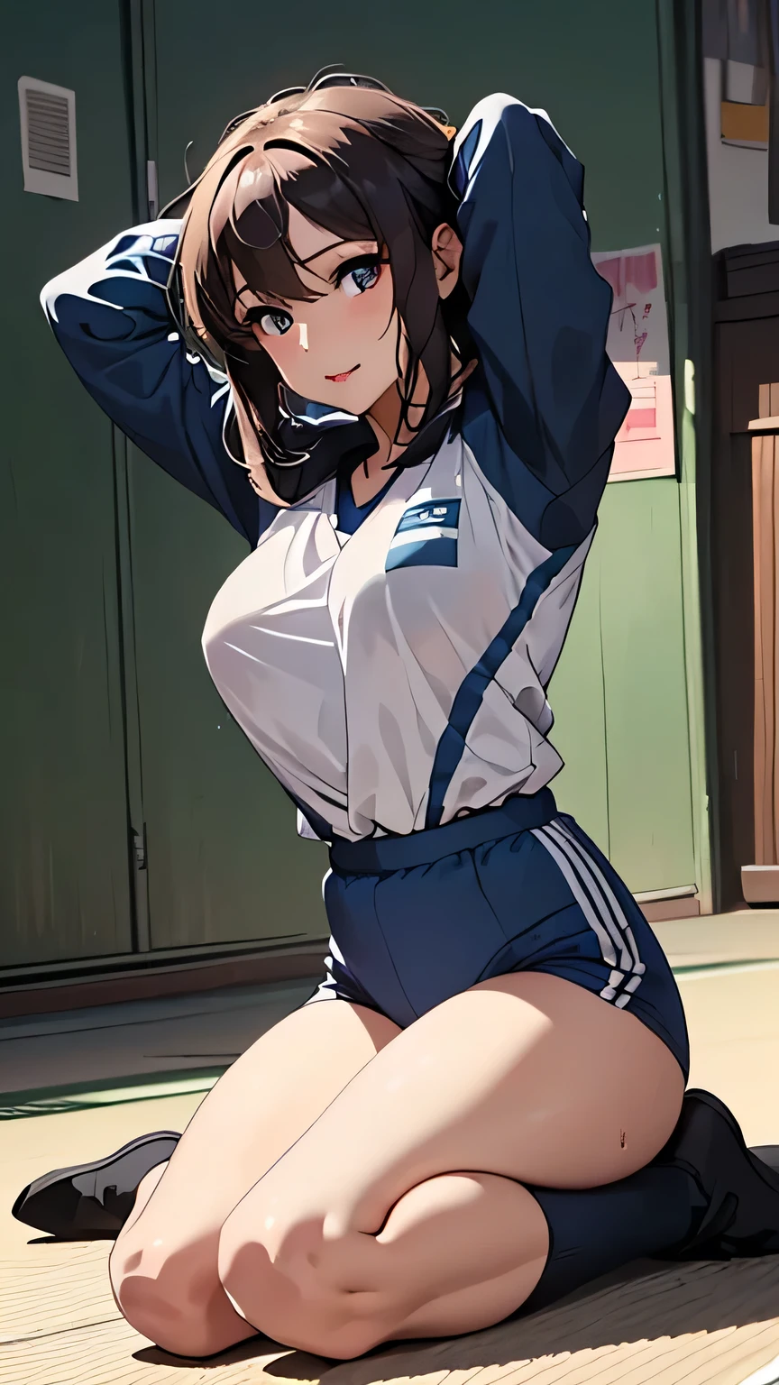 Please draw Big Breasts' further and further on Big Breasts',Make me look more delicate、Please draw beautifully ,It's see-through when it's wet,Please wear a blue uniform,,Big Breasts even more on Big Breasts,My nipples are sharp and protruding,The work alone is great enough, ,(( Please draw more delicate expression)),( Showa volleyball players ),( Are you wearing Dark Blue Bloomers Dark blue bloomers ), (A woman with sex appeal from 40 year old adults),(( hair,Eye )),(4K,8k,CG Unity,highest masterpiece,masterpiece, top quality:1.2),Official image,(( perfect anatomy, anatomically accurate:1.12)),(( exists, Does ExistsPhoto :1.2)), artistic Eye liner , radiant pink lips , adults , double Eye lids , High Definition Acrylic Painting , Very smooth hair ,詳細な顔とEye ,((:1.32)),(( I'm wearing an old fashioned bloomer and gym wear )), knee-length white socks , staring at the camera with a gentle expression , kind smile , gentle expressions that make you want to take off your clothes , Big Breasts,((Schoolyard:1.11)),(( Random poses with pink breasts:1.11)),(( Hold your head high:1.01))