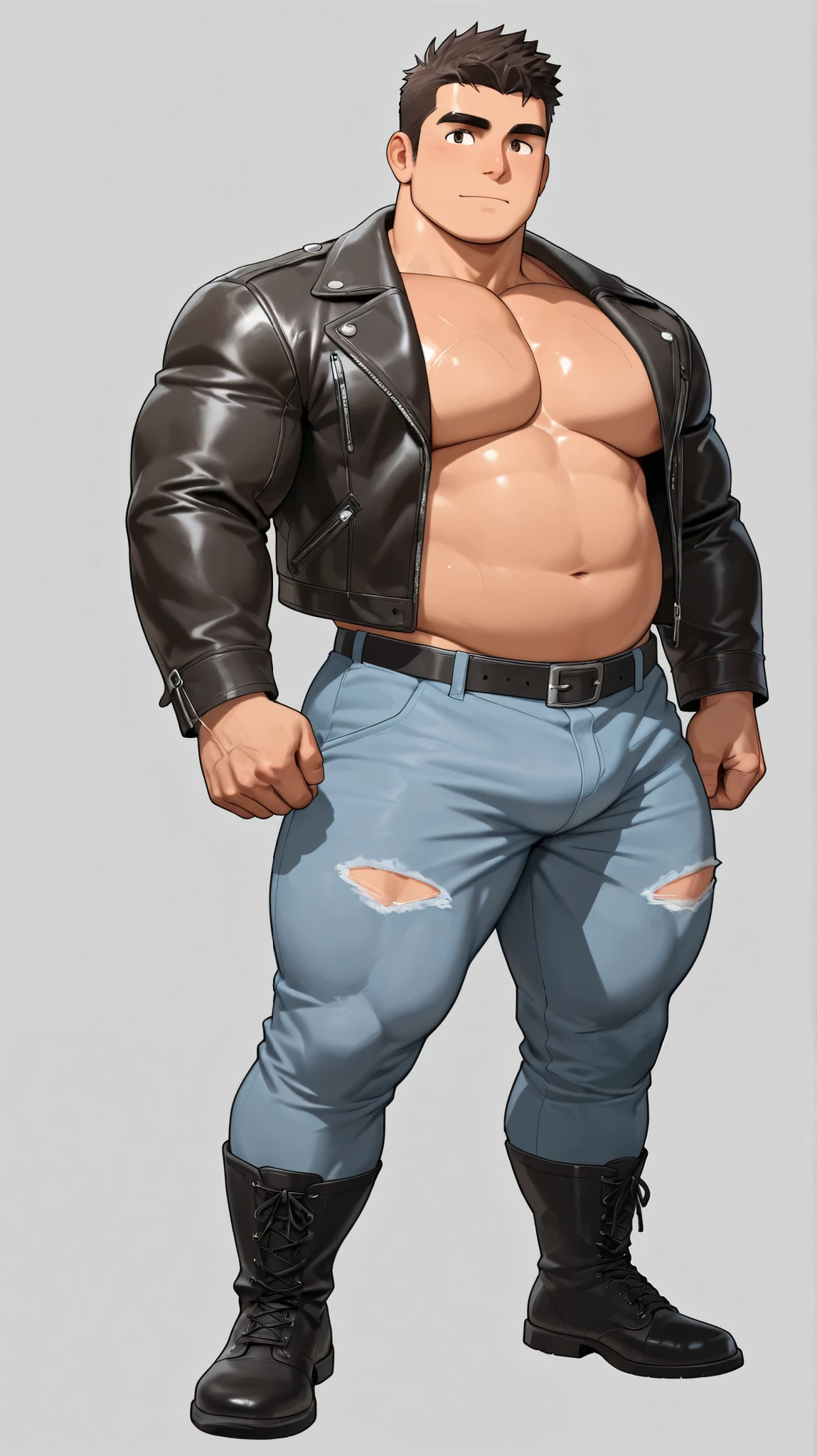 tall man, bearded with a striking appearance. short haircut, a beautiful smile that expresses confidence and charm, intense, masculinity and strength, big arms, slightly chubby, (bronze oil skin, cowboy clothes, jeans, cowboy leather hat, cowboy leather boots), squint eyes, big hands, big ass, (big and large legs), musclegut, muscle, vein, buff, open shirt, showing chest, big pecs, ((big and large ass)), ((full body shot)), posing for the camera, deliberate, explicit content, flexing muscles, shameless, slightly smiling, front side view:1.2, full body shot, wide view, dancing pose, stripper pose, sexy pose, anatomy in perspective, deliberate, explicit content, questionable content