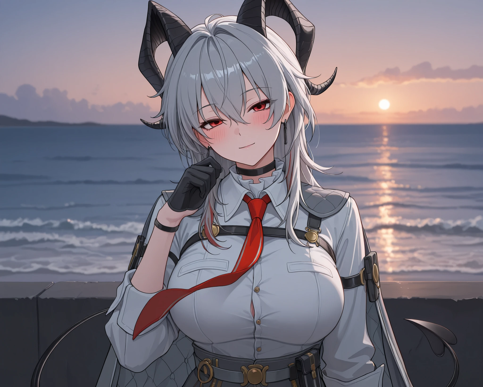((solo)), head tilt, half closed eyes, light smile, blush, z4ni, demon tail, long hair, multicolored hair, grey hair, hair between eyes, goat horns, demon horns, red eyes, large breasts, grey coat, coat on shoulders, white shirt, collared shirt, red necktie, long sleeves, black gloves, half gloves, earrings, black choker, upper body, looking at viewer, outdoors, seaside view, sea, amazing masterpiece, top quality, high fashion, absurdres extremely, HDR, intricate details, vivid colors