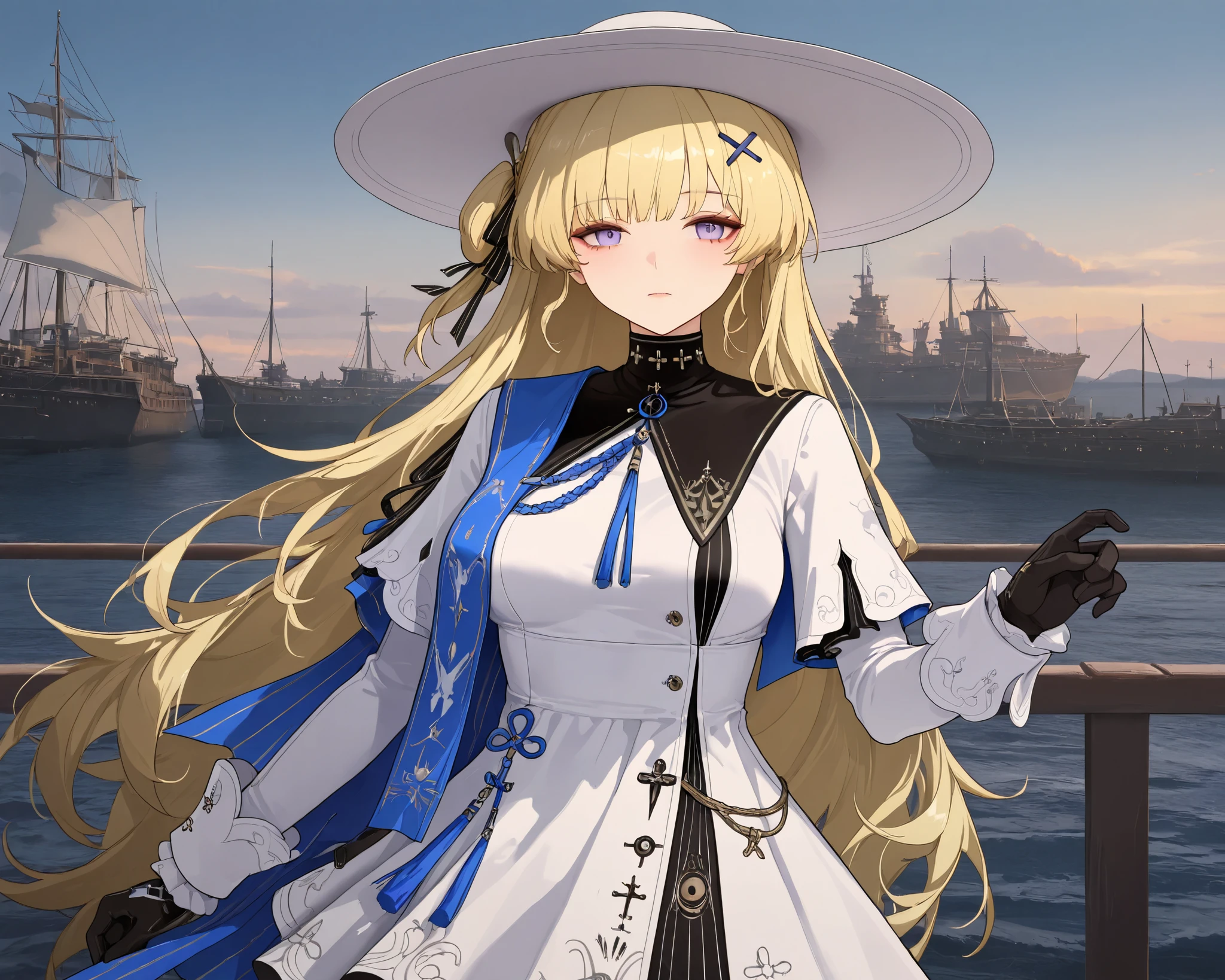((solo)), upper body, 1girl,phoebe \(wuthering waves\),solo,medium breasts,white headwear,white dress,black gloves,long sleeves,x hair ornament, outdoors, The bow of the ship, amazing masterpiece, top quality, high fashion, absurdres extremely, HDR, intricate details, vivid colors