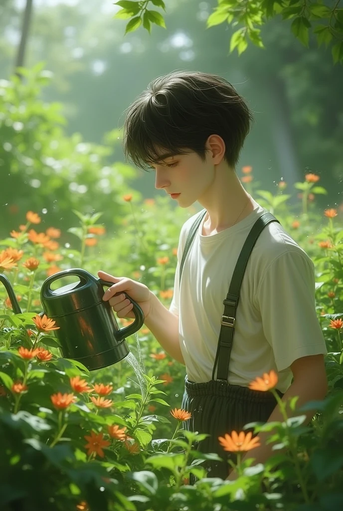 Boy sprinkling insecticide