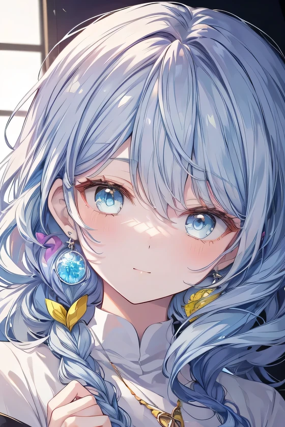 adult women, 30 years old women, beautiful anime women, smilled, white hair, long hair, messy hair, wavy hair, braided hairon the side, blue and yellow heterochromia eyes, blue eye, yellow eye, blushing, adult women, beautiful hair style, (((Best Quality: 1.4))), (best quality 1.2, shadow 1.3, (Fidelity: 1.4), eyes++++, face is close