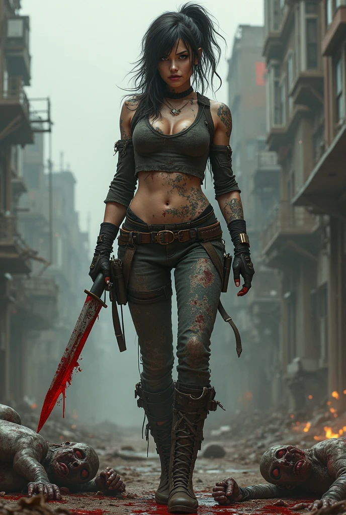 A post-apocalyptic warrior, a 35-year-old woman almost naked in the Simon Bisley style for the cover of Heavy Metal magazine, red leather top, half black half white, minimal clothing, Short clothes, detailed face and body, dramatic lighting, vibrant colors, dystopian, sandy, cinematographic, Masterpiece, hyper detailed, ultra realistic, 8k, Very detailed