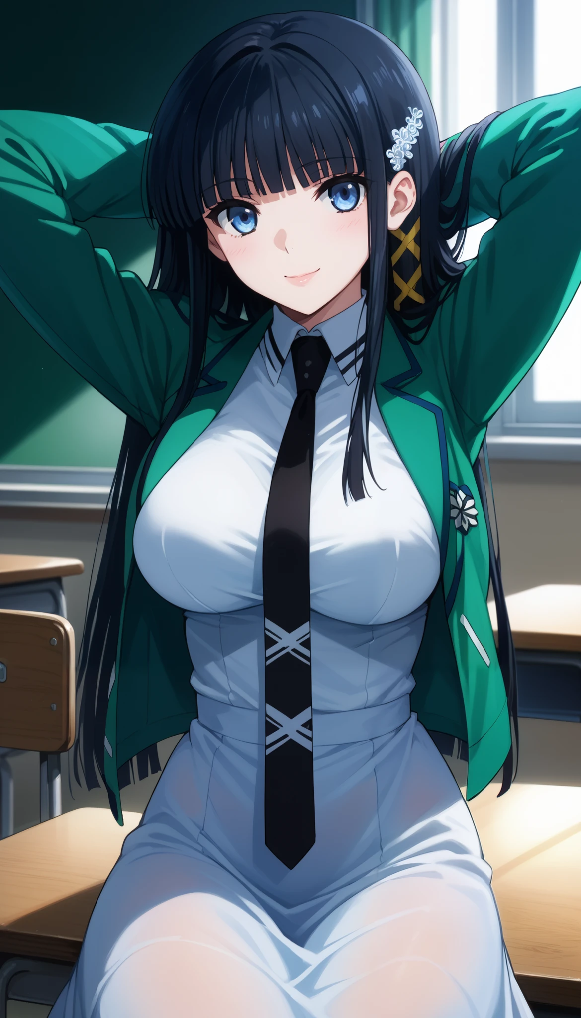 score_9, score_8_up , score_7_up , source_anime,4K, perfect fingers,(perfect hands, perfect anatomy),(Aesthetic Anime Eyes:1.3),(feature large highlight:1.4),classroom,(Alone),28 years old,adult woman,
miyukishiba, Miyuki Shiba, long hair, blue eyes, black hair, hair ornament, ribbon, hair ribbon, snowflake hair ornament, bangs, blunt bangs,Large Breast,Puffy Lips,Thin face,sitting,
wearing ,long sleeves, (green short jacket:1.2),, pantyhose, necktie, (white long dress:1.2), black necktie,View your viewers, smile,hands behind head