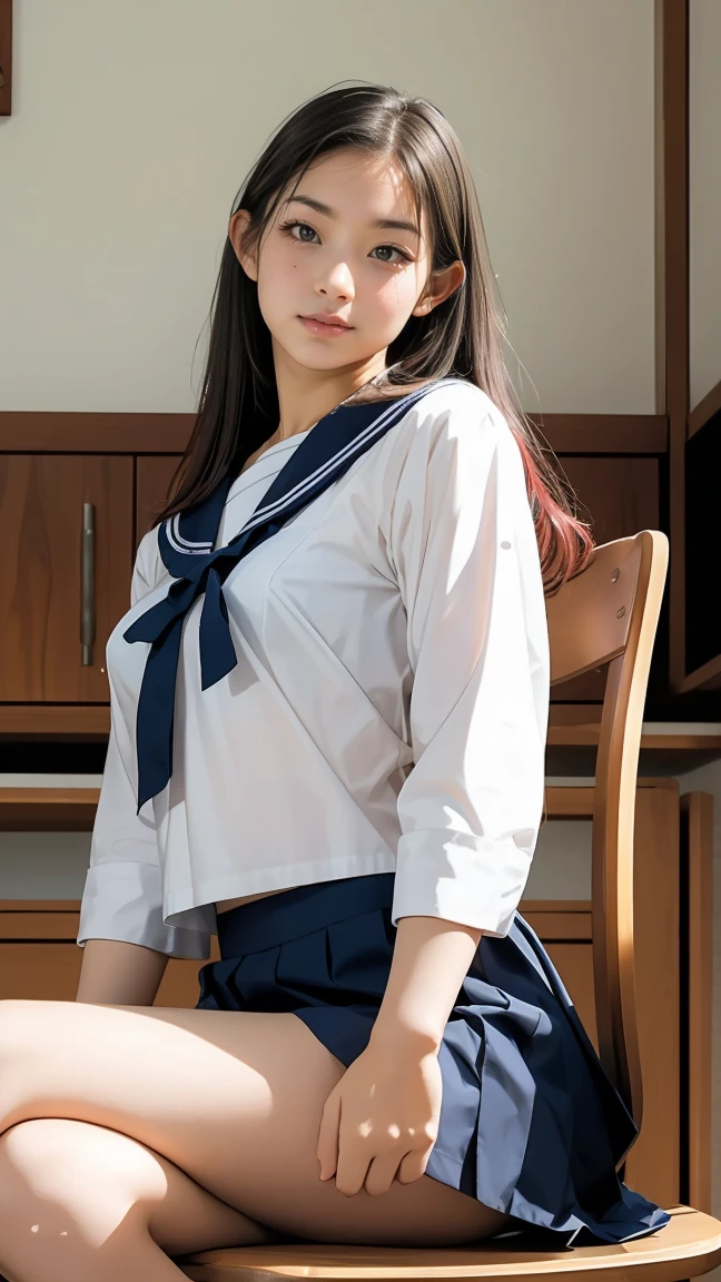 Standing、One beautiful woman、Japanese Idols、18-year-old、、Sailor suit、sexy、Big Breasts、Thin legs、Long legs、Stylish、Black knee-high socks、highest quality、High quality、Facial details、Straight Hair、Brown eyes、Japanese Classroom(nsfw)