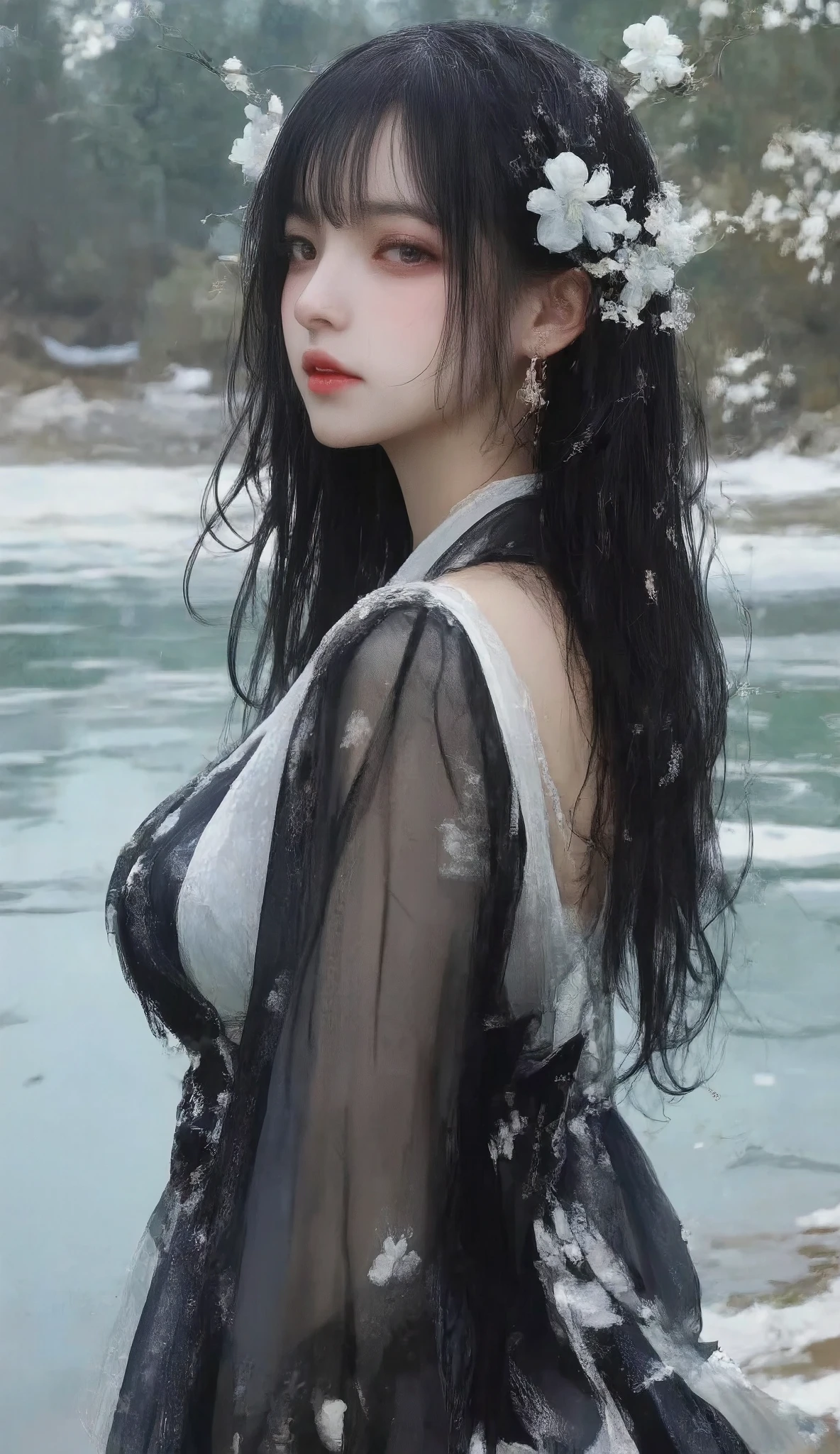 high quality, 【8k, on dark background 、 high quality photography、 wet texture 、[Ice、 studio photography 、engraving、Shallow depth of field、Vignette、 super details、 high budget 、 bokeh 、Wide cinema 、[典雅、colorful、 film grain ,Model with long, Slightly curled black hair wearing a black and white translucent ancient robe,with delicate and shiny skin,with a pair of E cup breasts, hair on the left side wearing a white flower headdress,((full body)),(Standing by the lake),Looking around and right ,(((Reality)))