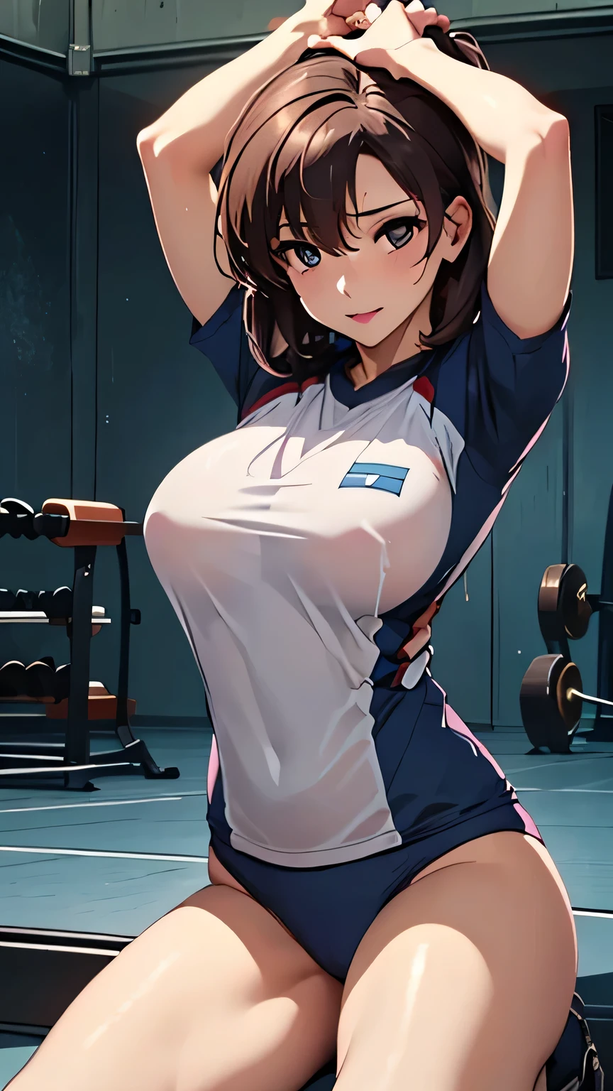 Please draw Big Breasts' even more and more on Big Breasts',Make me look more delicate、Please draw beautifully ,It's see-through when it's wet,Please wear a blue uniform,,Big Breasts even more on Big Breasts,My nipples are sharp and protruding,The work alone is great enough, ,(( Please draw more delicate expression)),( Showa volleyball players ),( Are you wearing Dark Blue Bloomers Dark blue bloomers ), (A woman with sex appeal from 40 year old adults),(( hair,Eye )),(4K,8k,CG Unity,highest masterpiece,masterpiece, top quality:1.2),Official image,(( perfect anatomy, anatomically accurate:1.12)),(( exists, Does ExistsPhoto :1.2)), artistic Eye liner , radiant pink lips , adults , double Eye lids , High Definition Acrylic Painting , Very smooth hair ,詳細な顔とEye ,((:1.32)),(( I'm wearing an old fashioned bloomer and gym wear )), knee-length white socks , staring at the camera with a gentle expression , kind smile , gentle expressions that make you want to take off your clothes , Big Breasts,((Schoolyard:1.11)),(( Random poses with pink breasts:1.11)),(( Hold your head high:1.01))