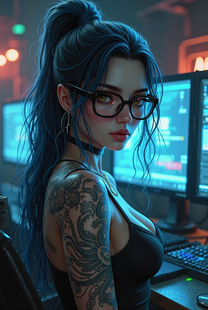 (masterpiece),high detailed, detailed, high quiality, (judy alvarez),1girl, solo,cyberpunk 2027,room background,desk,3 monitor, pc,pants,(from side),(programming),typing on keyboard,monitor light,light on face,green and purple hair,left side of shaved head,neck rose tattoo,small white shirt,tattoo on boob,arms tattoo,left arm 13 tattoo,red spiderweb tatto on right shoulder,eyeshadow,no light in room, darkness, sitting, sit on chair, serious expression,head from side,side head,(((looking at monitor))),