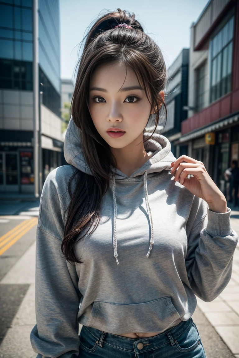 A girl with long black hair and a black hoodie, tall and with large breasts