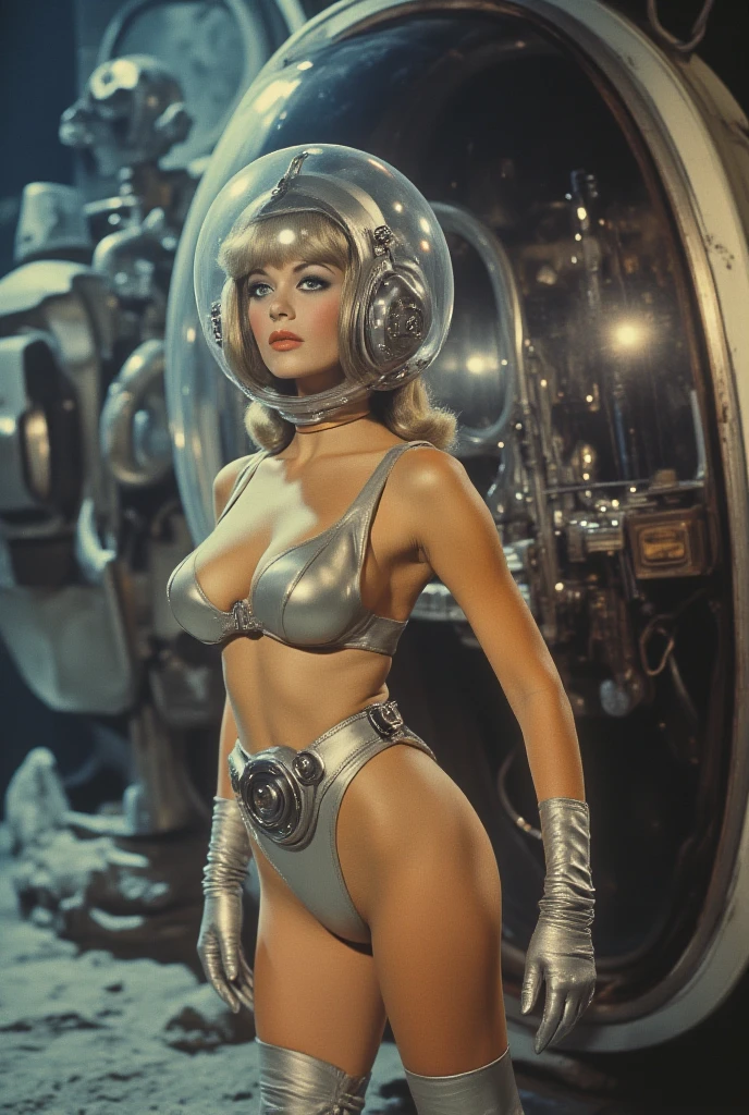 Generate a hyperrealistic image capturing the essence of a futuristic pin-up girl, (((medium breast, cleavage, black sunglasses, holding a mini pistol))). Envision her in a sleek, metallic environment adorned with holographic elements, (((((half-body (thigh level) medium shot))))). Ultra realistic, vibrant colors, 16k