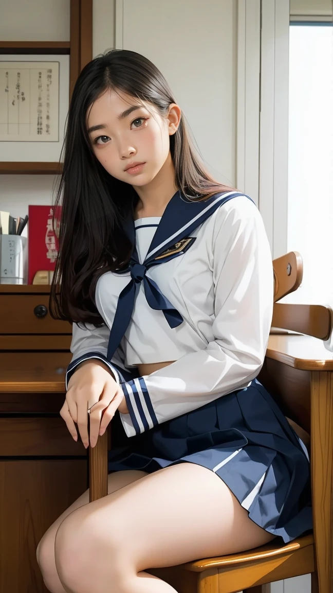 (highest quality、超A high resolution、8k、Raw photo、Ultra-high resolution:1.2、masterpiece:1.2)、(Realistic、Photorealistic:1.37)、Ultra-detailed、Professional Lighting、Photon Mapping、Radio City、Physically Based Rendering、Japanese、1 girl、solo、Black Hair、cute little、wonderful、cute、Normal breasts、Looking at the camera、A library full of books、I read a book、Japanese High 、(Japanese high school sailor uniform、Navy Pleated Skirt、White socks、Black Loafers)