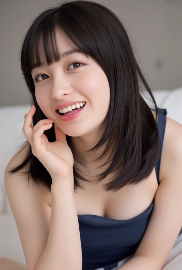 masterpiece、(Highest quality:1.5)、(16k wallpaper:1.2)、(Photorealistic:1.2)、(Ultra-detailed:1.2)、Surreal、High resolution、Realistic、Highly detailed face、Sharp focus、(Sharp focus:1.2)、Bright light、(Improvement of quality:1.4)、Anatomically correct body、There is one woman、Japanese、Asian、Realistic Skin、(Pretty woman with perfect figure:1.4)、(from the front:1.5)、(Enhances the beauty of skin texture:1.2)、Beautiful fine details、Beautiful realistic face、Plump Cheeks、Beautiful black hair、The best smile、Natural color lip、Even bangs、18-year-old female、Brown Eyes、Loose and fluffy bob perm、No makeup、Drooping eye corners、Post-processing、
