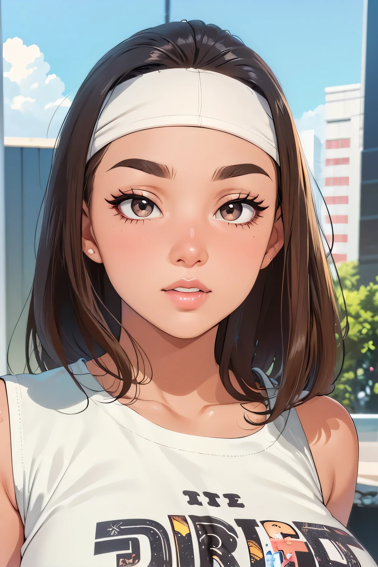 perfect face, face, long hair, black hair, (bandhead), (white bandhead), black eyebrows, thick eyebrows, brown eyes, black eyeliners, blush, nose, thick lips, beautiful woman, necklace star, huge breasts, tank top, white tank top, forest, cloud sky