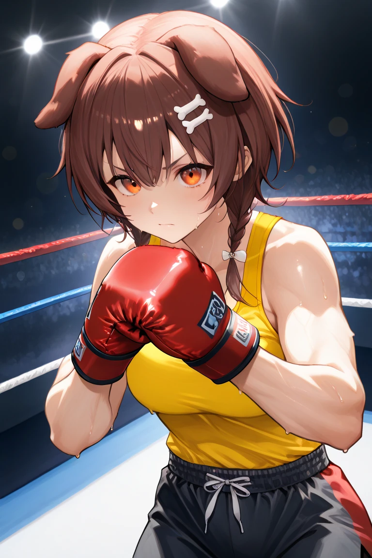 masterpiece, best quality, very aesthetic, absurdres, newest, asymmetrical bangs, tareme, 1girl, solo, smile, open mouth, brown hair, male focus, shorts, sparkle, parody, pink shorts, boxing gloves, belt, championship belt
