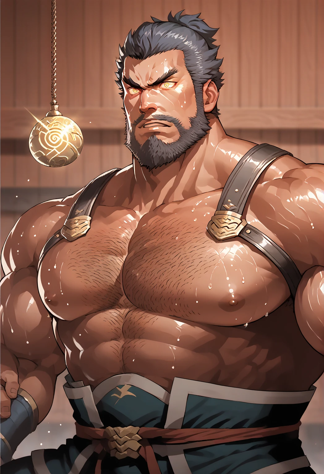 An old man soaking in an onsen, half submerged, (huge muscular), (yakuza tattoo:1.2), detailed muscles, 8k, masterpiece:1.2, hyperrealistic, white fundoshi, highly detailed full body, really big muscle, massive muscle, thick arms, wide pectoral, submerged, floating steam, rich colors, serene atmosphere, traditional Japanese setting, wooden hot spring, soft ambient lighting, wrinkled skin, tranquil expression, reflective water, peaceful relaxation