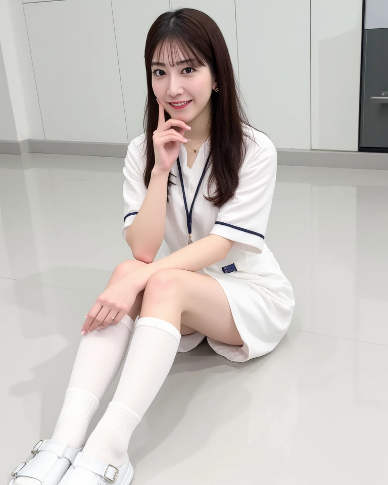 1 Girl, Solo, (Best Quality), (Masterpiece: 1.1), Full Body, looking_at_viewer, Dynamic Angle, Uniform, Cute, Clear Face Skin, Best Quality, White Skin, Real Human Skin, (in Detail), Slim, Nurse, Mini Skirt, Photo from Below