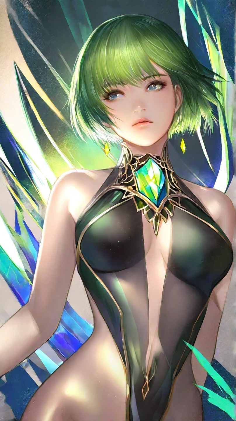 An emerald haired female alien with golden reptilian eyes and purple scales along her jawline with an hourglass figure and short hair has golden piercings along the edge  of her pointed ears. . She is wearing a fancy gold gown in a party