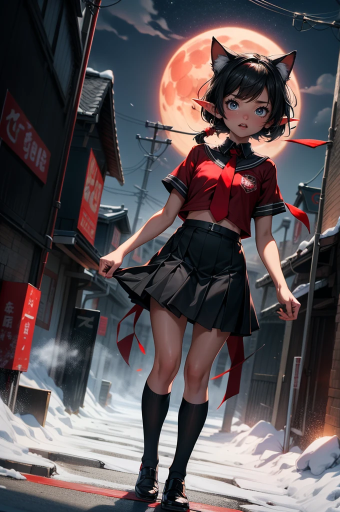 ((full body, standing):1.5), {((1 woman))}, {((wearing school suit with red skewer with tie, short black skirt, white stockings)), ((extremely large breasts)), ((very short black hair, blue eyes)) looking at the viewer, smiling, very happy, ((exhibitionist pose leaning back)), ((in an ancient Japanese ghost town, ghosts shadowing it, ghosts flying, night, just a full moon in the sky))}, (Fatal Frame Crimson Butterfly), 16k, best quality, best resolution, best sharpness, ultra detailed,