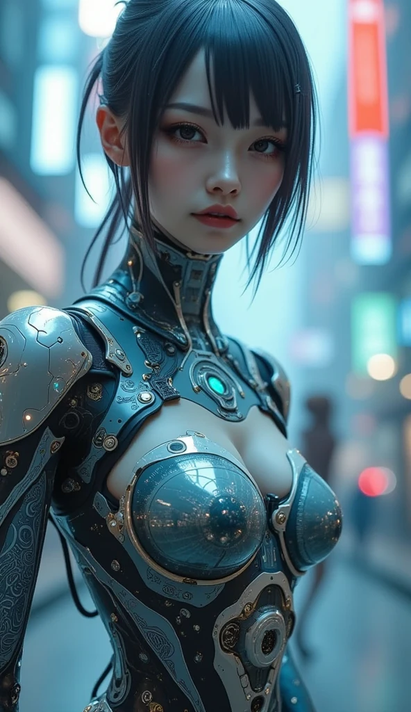(beautiful cyber girl)), ((Mechanical blood vessels connected to mechanical tubular vertebrae.), ((Cervical spine mechanical fixation in the neck)), (wires and cables attaching to neck:1.2), ((There are a lot of wires and cables on your head)), (Character focus), (((dynamicposes))), (tmasterpiece), (((Calidra's most detailed introduction)), (The is very detailed、Realistic CG illustration), 电影灯光, scientific fiction, The content is very detailed,colours,highest details, Cyberpunk city setting.Silver Eyes , neonlight ,Hair color
