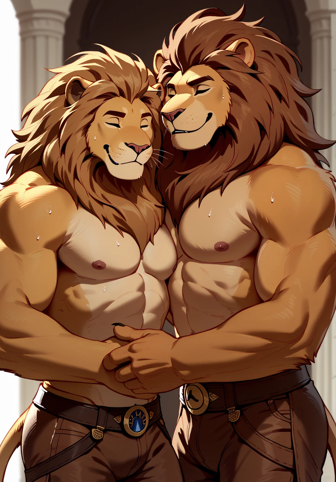 A female lion, long brown curvy hair, blue eyes, busty, naked, fully naked, no clothes, nudity, long tail. Hugging, kissing and having sex with her male lion husband, brown hairy mane, muscular, naked, no clothes, round butt, tail, hd 8k