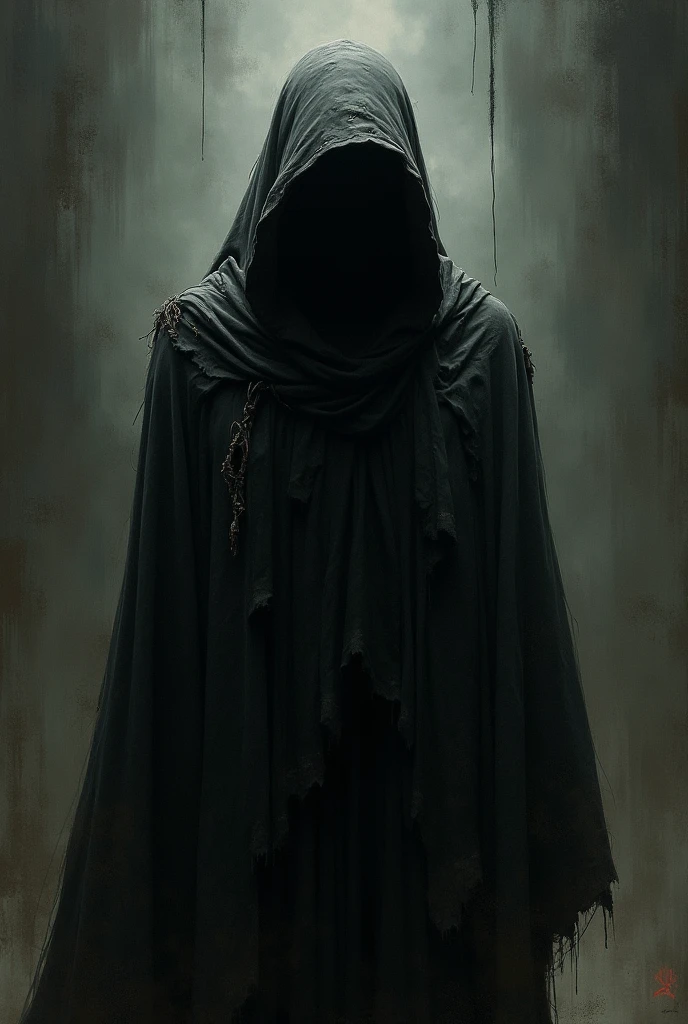 divine creature, God of the darkness of the abyss, wearing a cloak made of pale, dead bodies, wearing a large cape with his face covered by darkness, black and deformed appearance with torn and dirty clothing, humpbacked, huge ass, Colossal, in the dark