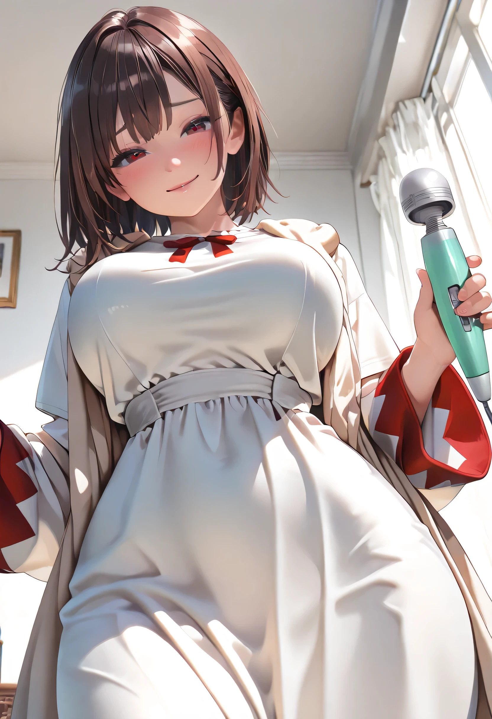 (Masterpiece, best quality , more details, 8k, 4K, hi res, ridiculous :1.3), ( Detailed Textured Lighting , detail surface lighting for viewers ), [ pastel color ] [ Calm Colors ] [ Anime Screen Cap ] [ photorealistic] A 3D character model,perfect proportions, beautiful body,large breasts,wide hips,red eyes, View from below,(naughty look,shy face)/brown hair,semi long,White Mage,saint’s dress,holding hitachi magic wand, 