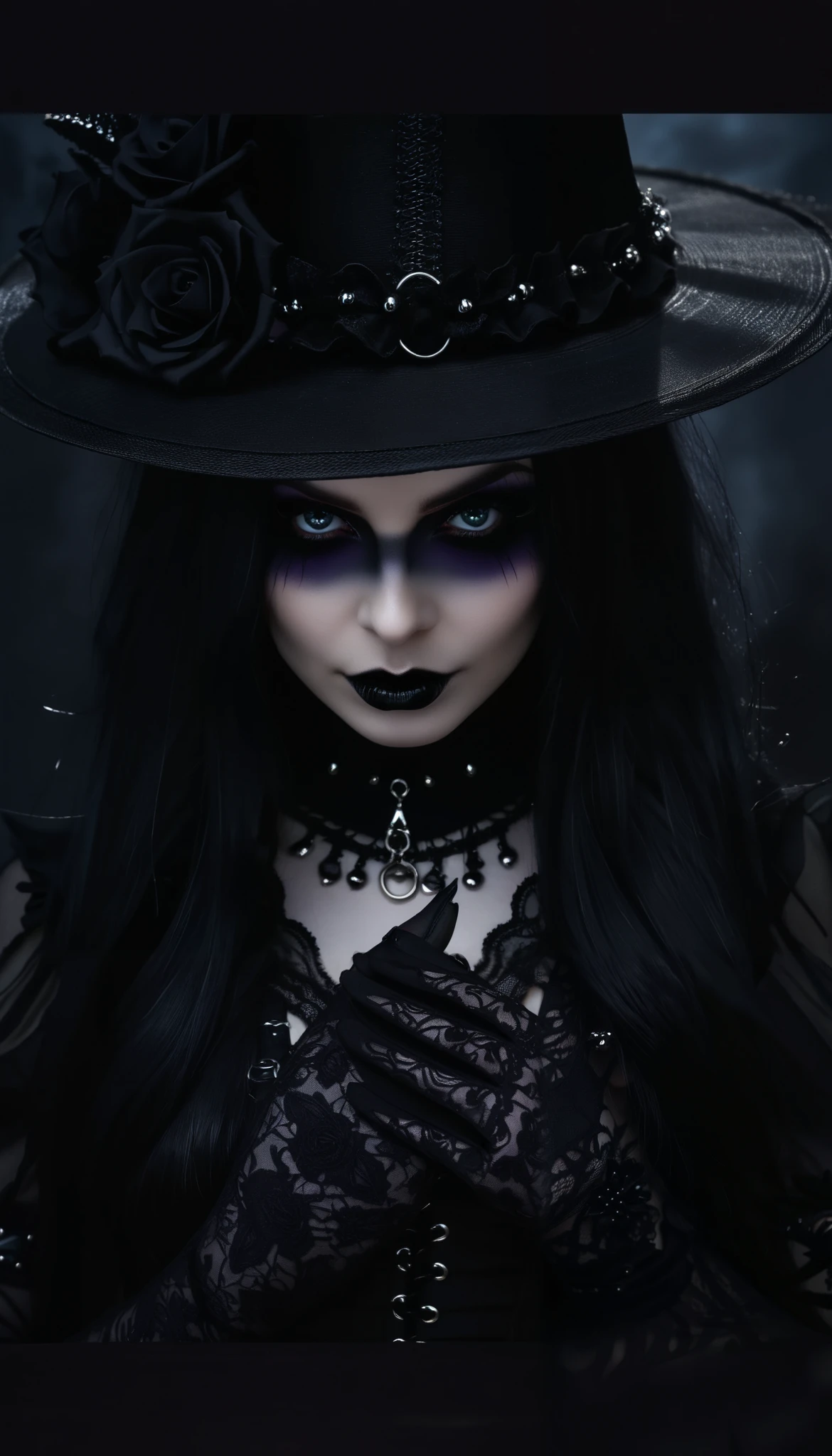 a close up of a woman wearing a black hat and gloves, dark witch, portrait of a dark witch, fashionable dark witch, gothic horror vibes, gothic maiden, gothic girl face, goth woman, gothic girl, gothic maiden of the dark, gothic face, cute face. dark fantasy, dark and horror style, dark goth queen, gothic aesthetic, ominous gothic aesthetic