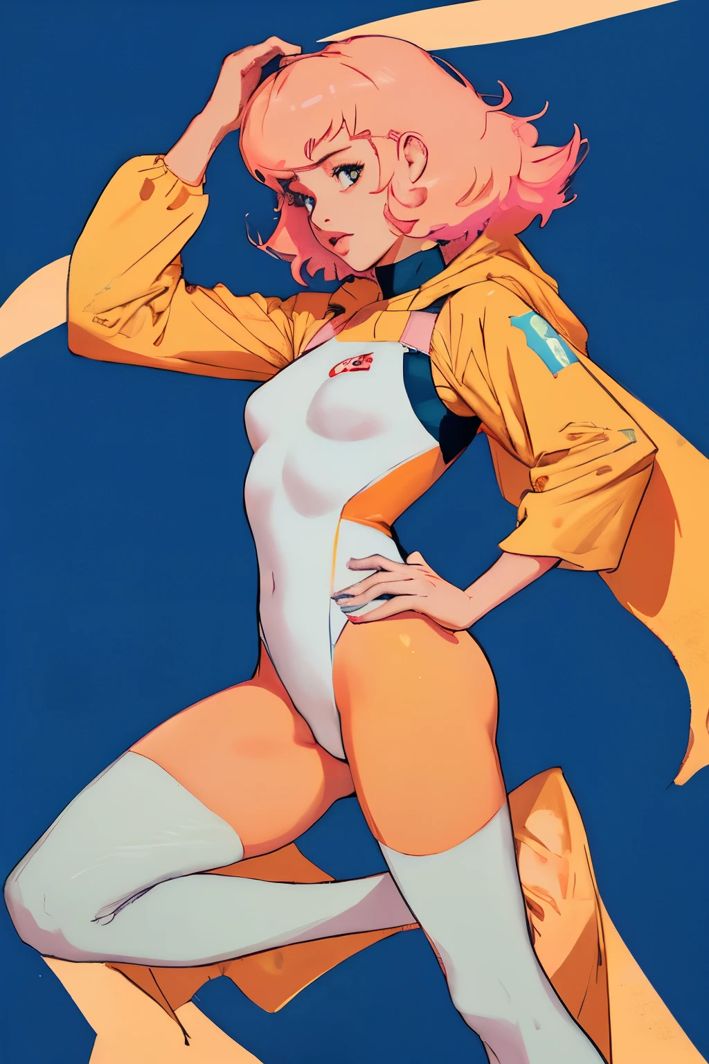 (Perfect body),Highest quality,16K、Browsing Caution、sf、((((low length))))、blush、(V-shaped eyebrows)、:d、Embarrassing、((((short hair))))、(My hair is messy)、Wavy Hair、Ahoge、(Yellow Eyes),((Pink Hair))、Yellow goggles on the head、Yellow thin hair clip、((White leotard))、(White knee socks)、(Pink gloves)、headphone、Pink Belt、Pink Boots、Yellow Jacket、((Swollen nipples))、(((Thick thighs)))、Underarm、electronic space、