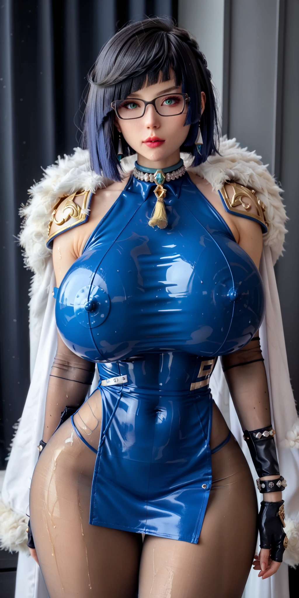 Unreal Engine, Realistic Rendering, Excellent, full armor, glove, cape, milf, looking on viewer, yelan genshin impact, cosplayer, walking down hallway of kyoto castle, beautiful face, makeup, ((top body is hyperrealistic slim and hyper gigantic breasts)), lower is huge buttocks, blue short hair, bokeh, masterpiece, highres, 1080P, UHD