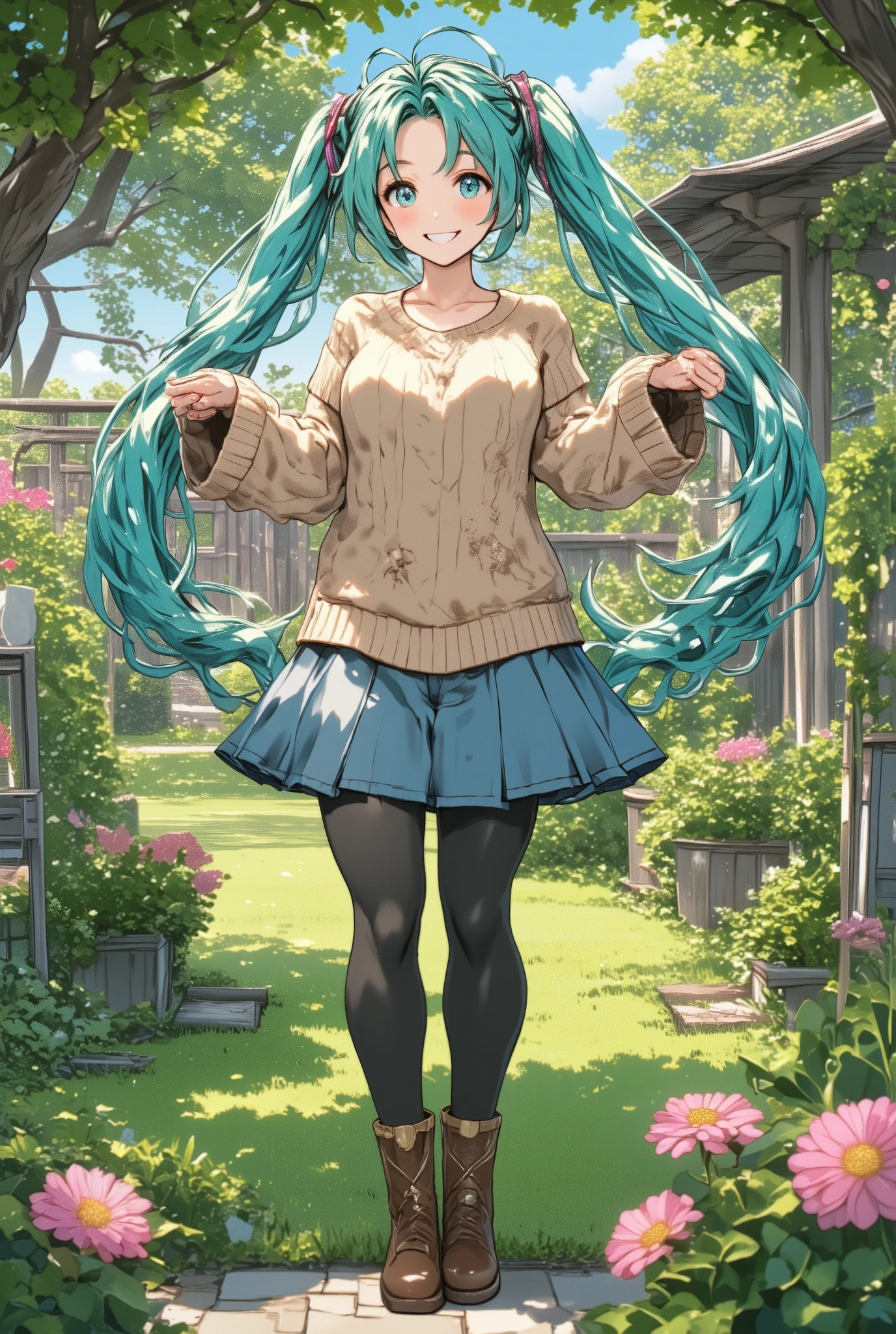 ( masterpiece、 最high quality、 最high quality、Official Art、 beautiful and beautiful :1.2)、(one girl:1.3) Hatsune Miku、twin tails, beautiful breasts,(high quality, high definition, super detailed, realistic:1.37), serene atmosphere, (Outdoors, garden), girl standing alone, Beautiful detailed features, cute smile, (long hair, bungs), Ribbed sweater, blue skirt, black tights, brown boots.