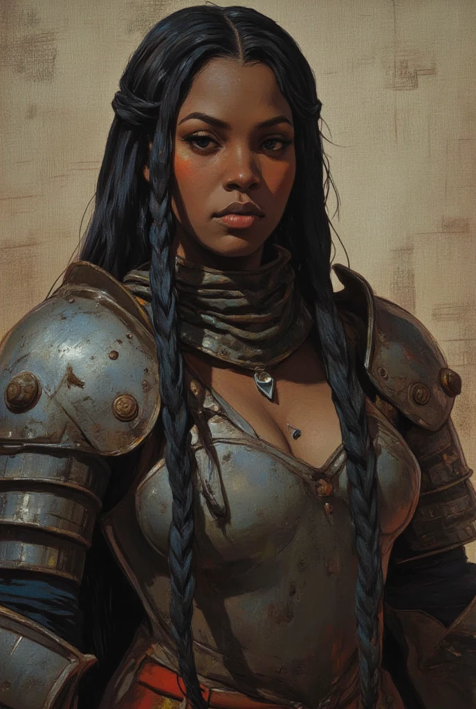 Close up of  African woman with (short black dreadlocks), black hair pulled back, wearing a (heavy orange mechanical armor, power armor covering her chest and arms, orange breast plate), with large (round orange shoulder pads), chipped paint, (visible wires and gears connect the shoulder pads to the armored gloves), wires and cables run down her arms. Fur trim. Loincloth, (Barbarian fur). Castle ruins background,  large broken stones litter the area.  Show her standing with her hands on her hips. super high quality, super high detail, masterpiece, 4k, 8k, HDR, masters of the universe,  vibrant colors,  multicolor sky, colorful clouds 