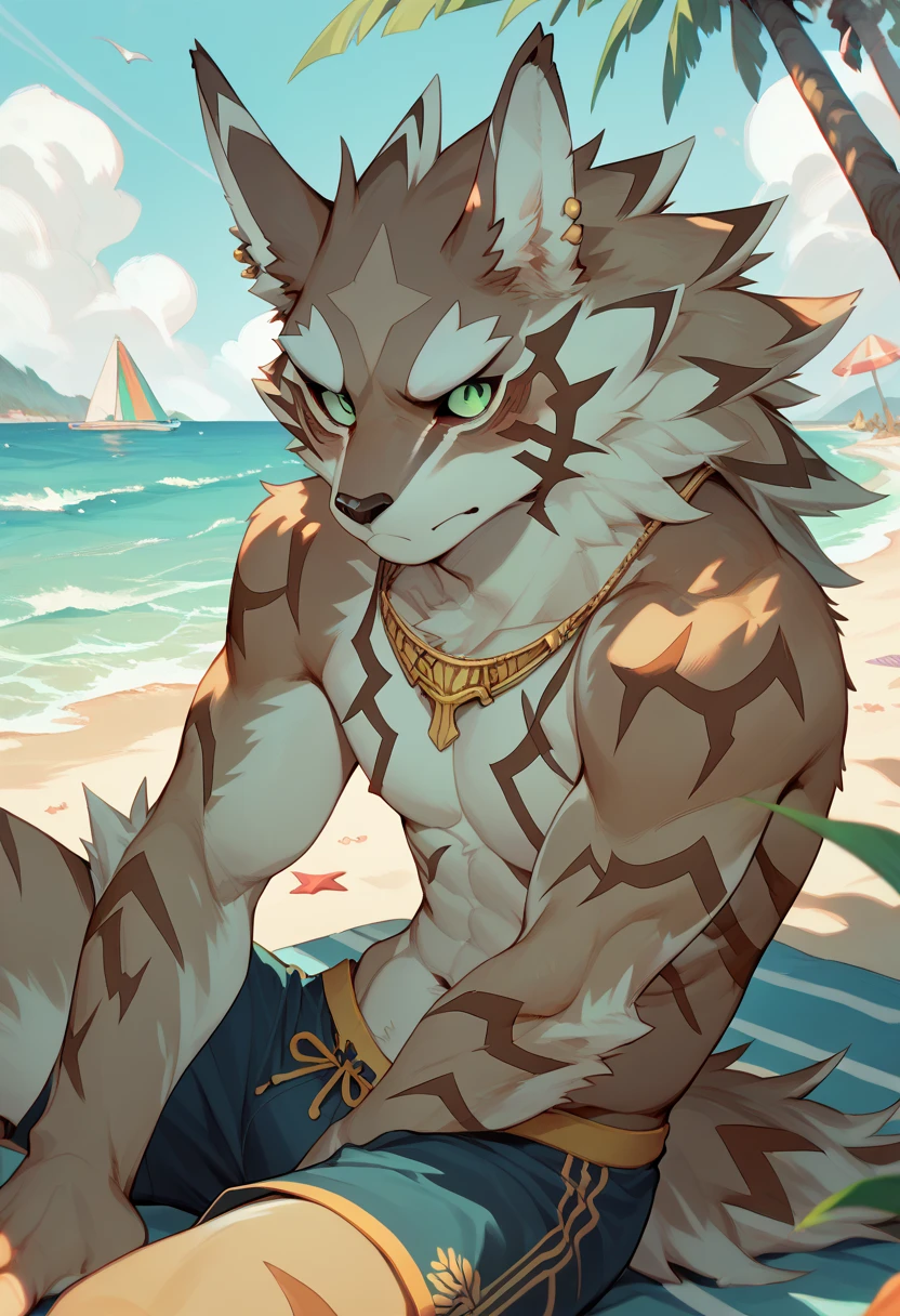 ((By Bebebebebe, by SpiritD, by K0BIT0WANI, best quality, masterpiece, perfect anatomy, detailed picture)), 1male, Seth, (Tokyo Afterschool Summoner), skinny muscle, blue swim underwear, brown furs, jackal, black scleras, green eyes, red blushing, in the beach