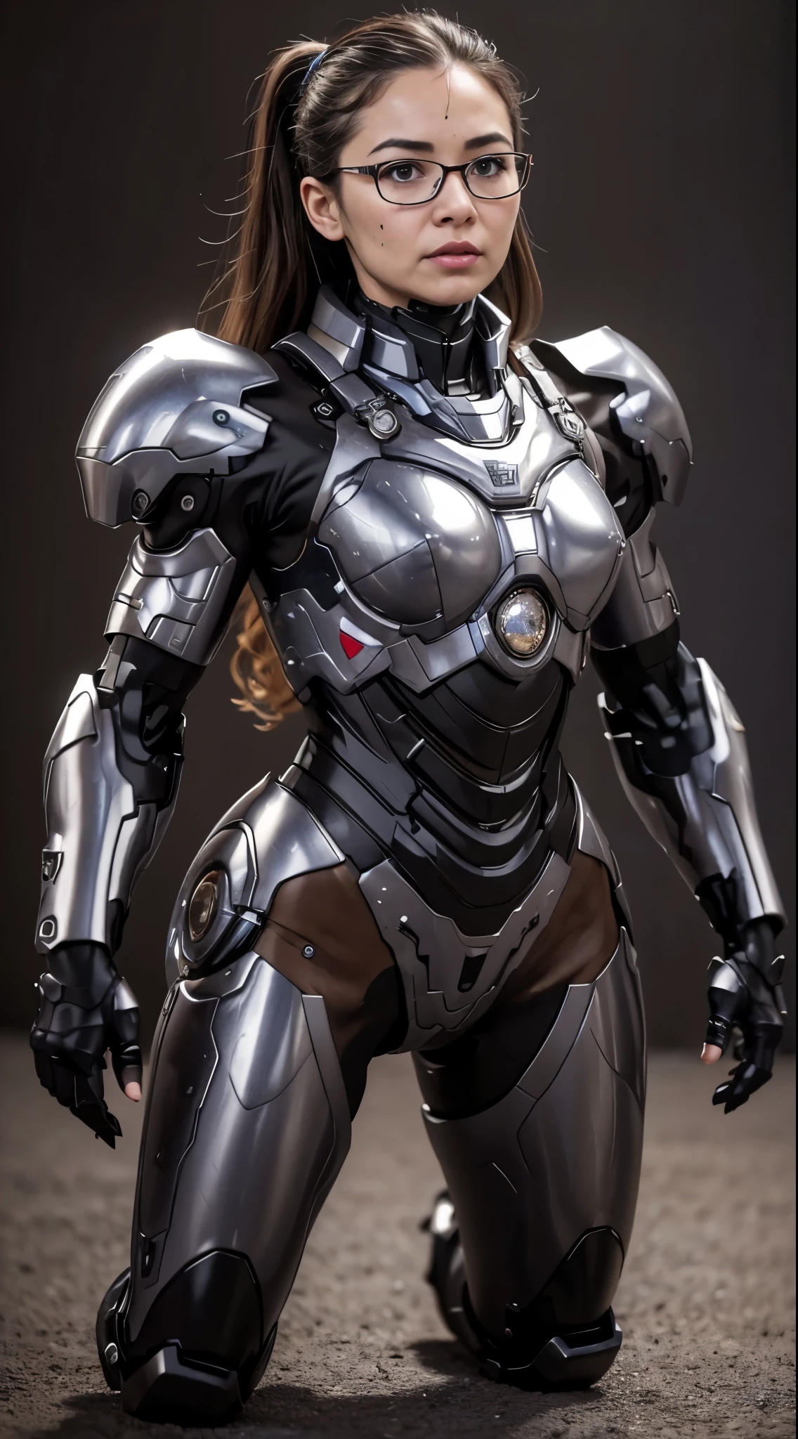 Textured skin, Super Detail, high details, High quality, Best Quality, hight resolution, 1080p, hard disk, Beautiful,(War Machine),Beautiful cyborg middle aged woman,Mecha Cyborg Girl,(dark Red armor)((Major damage)),Woman with mechanical body、She wears a futuristic war machine weapon mech,Fulll body Shot、Soot on the face、Bitter expression、Painful、Very sweaty face、cute little、、Lie on the ground、(Very cracked outfit)Smoke from the mouth、The is visible、Full of wounds all over the body、The whole body is battered.、Smoke comes from the whole body、、wavy long brown hair kneel down eye glasses Slightly slim