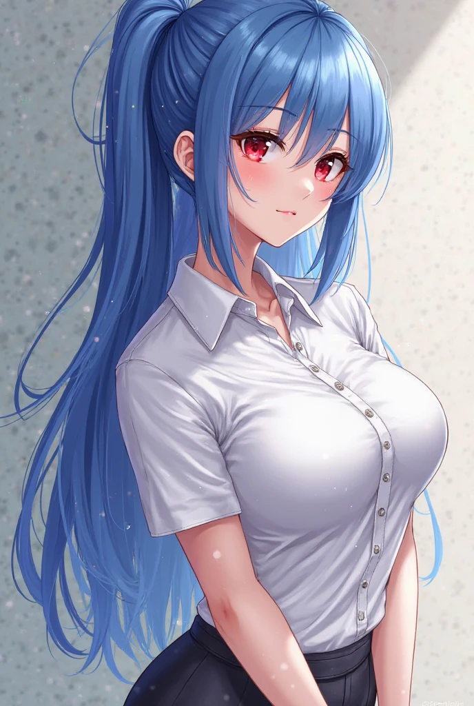 My name is Yukiko.I am a white test woman with long Sky blue hair,red eye color.I am 1.62 cm tall . My breasts measure 200 cm, my waist 40 cm and my hips 200 cm. Dressed in a tight low-cut pink blouse along with short black shorts . With big breasts 200 cm