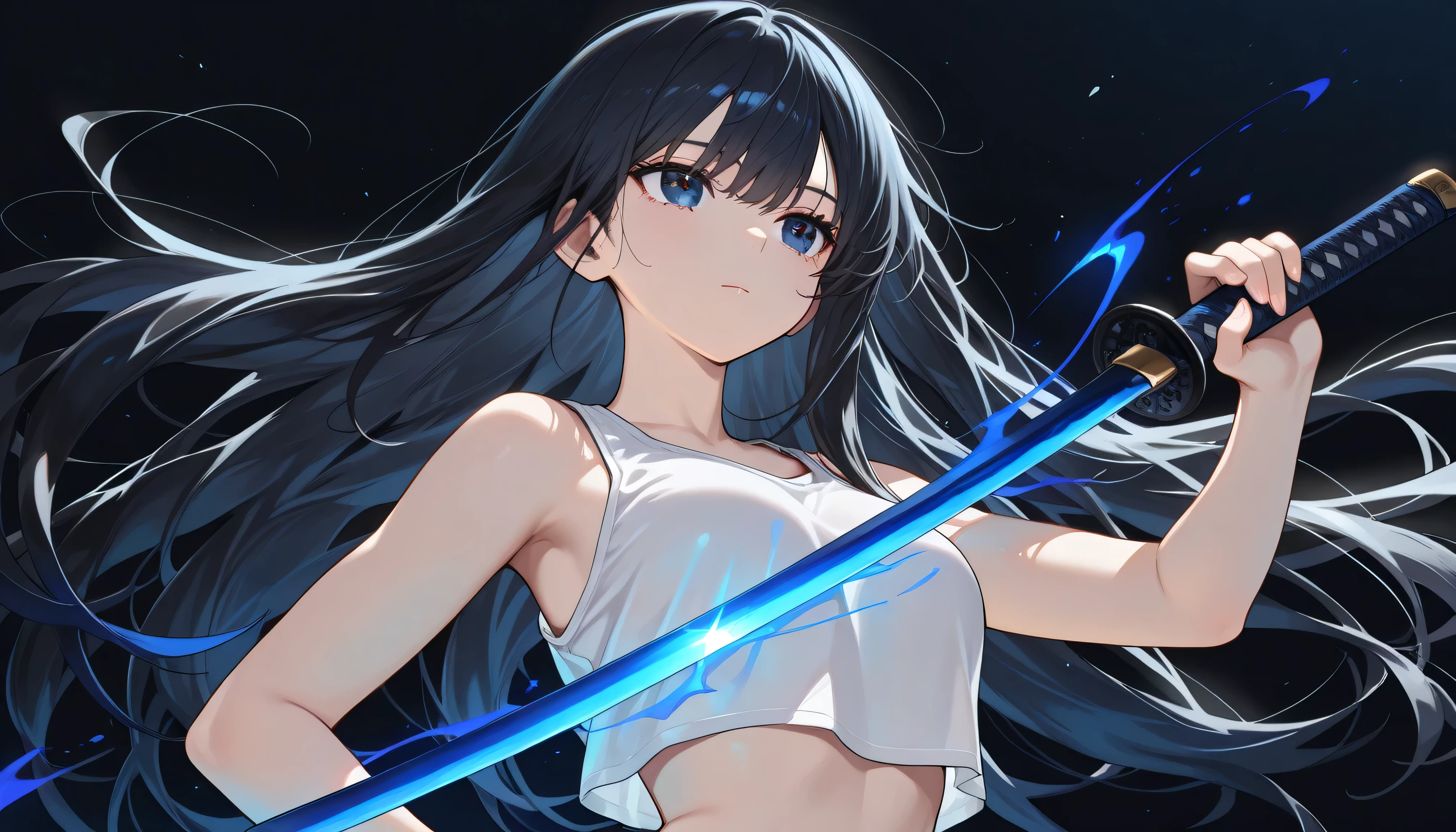 ((masterpiece, best quality, amazing quality, very aesthetic, newest, realism, hyper-detailed, beautiful, cinematic)) 1girl, 24 Years Old, A bit medium breasts, solo, Dark Blue Background, long black hair, White Loose Croptop Shirt , Unsheathe a Katana with a Dark Blue Blade, looking away, long hair, bangs, upper body, simple background, dark blue eyes, closed mouth, Jet Black Hair, shot from head to hips, Fantasy_eyes