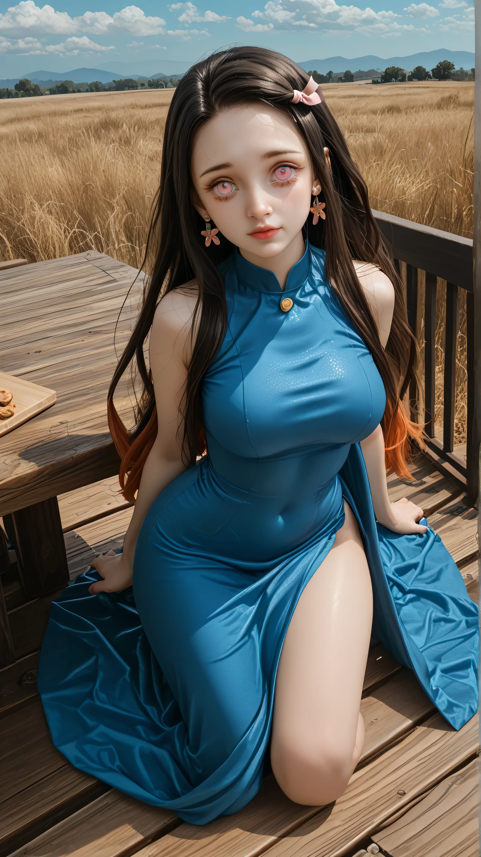 punctuation_9, punctuation_8_arriba,sharp focus,, absurdres, highres,  illustration,


me_facing,1girl, kamado nezuko, Kimetsu no Yaiba, pink eyes, black hair, brown hair,  two-tone hair , forehead, ,At the wooden table ,should be on all fours showing her big buttocks to the viewer and her big breasts,neckline, Very big breasts,very large hips and very large thighs,
high stockings, belly button, jewelry, earrings,(Sky blue dress,  tight blue dress, tight dress, thigh-length dress),
White background,