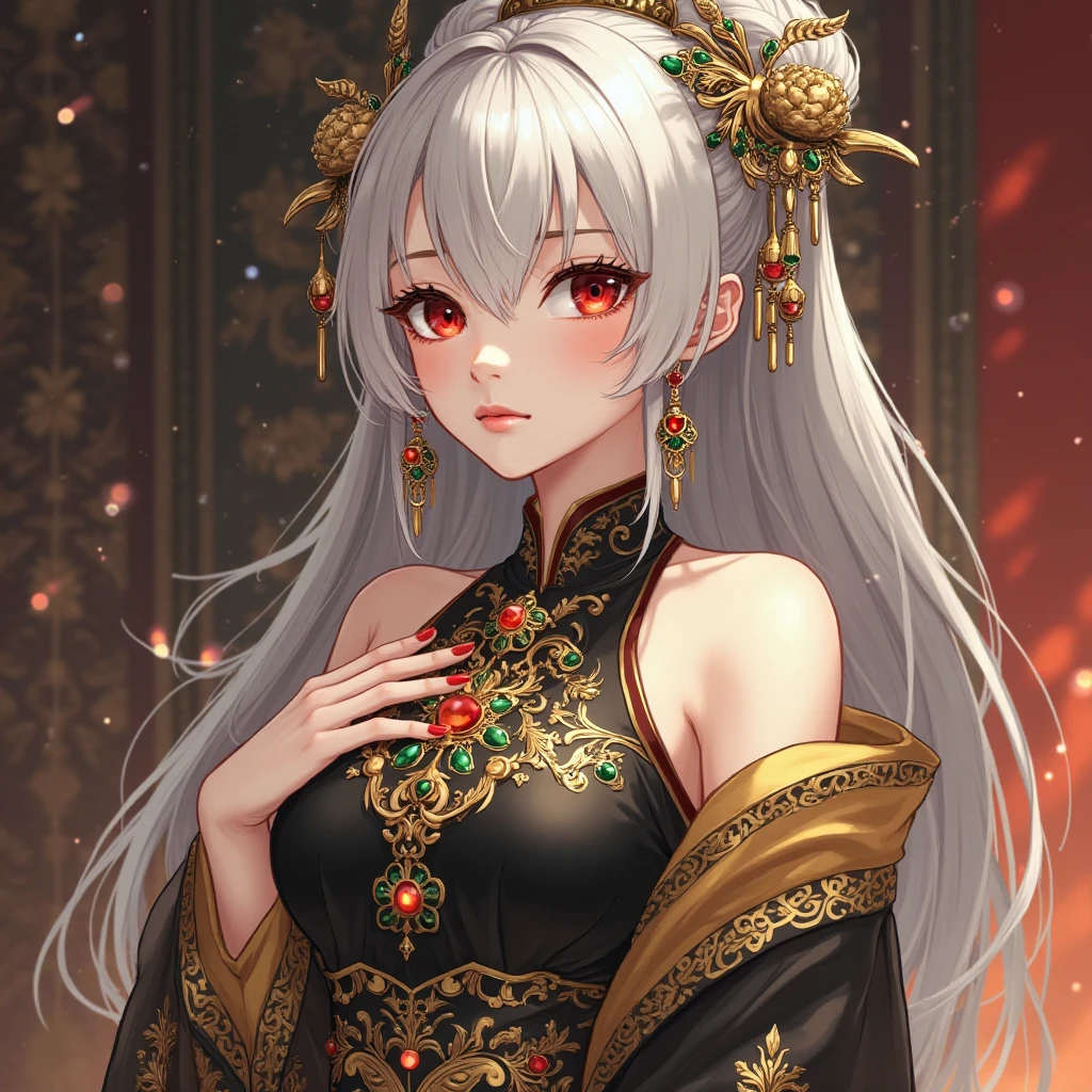 (AS-YoungestV2:1.2), 1girl, solo, white hair, long hair, flowing hair, yellow eyes, DRAGON-PHOENIX GOWN, wariza, <lora:dragon_phoenix_gown:0.8>